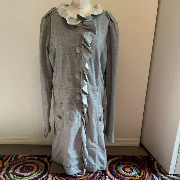Kut from the Kloth Ruffled Gray Button-Up Mid-Length Jacket W Sz XL - Picture 3 of 10